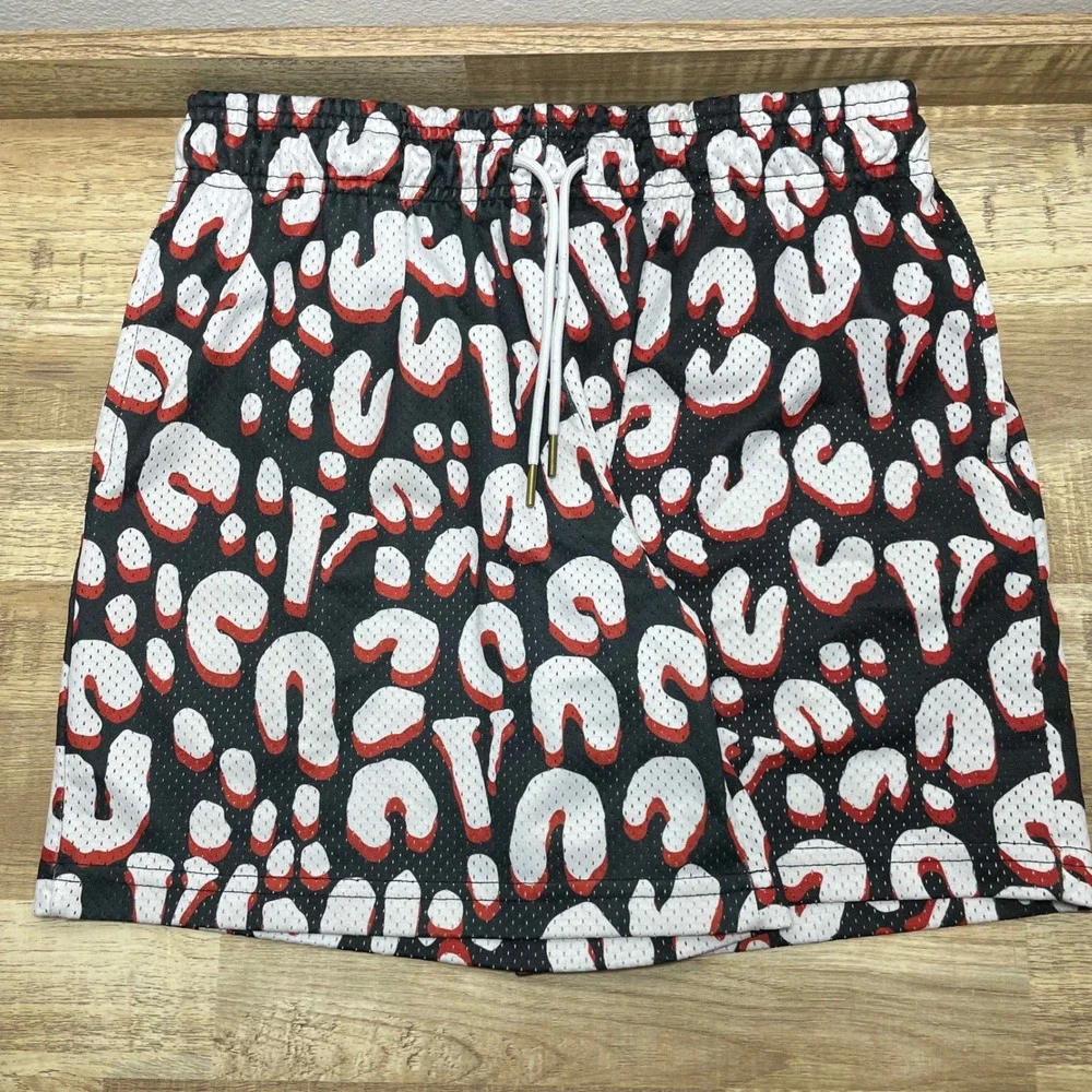 VLONE Mens Leopard Print Mesh Basketball Shorts Black Red White Size Medium